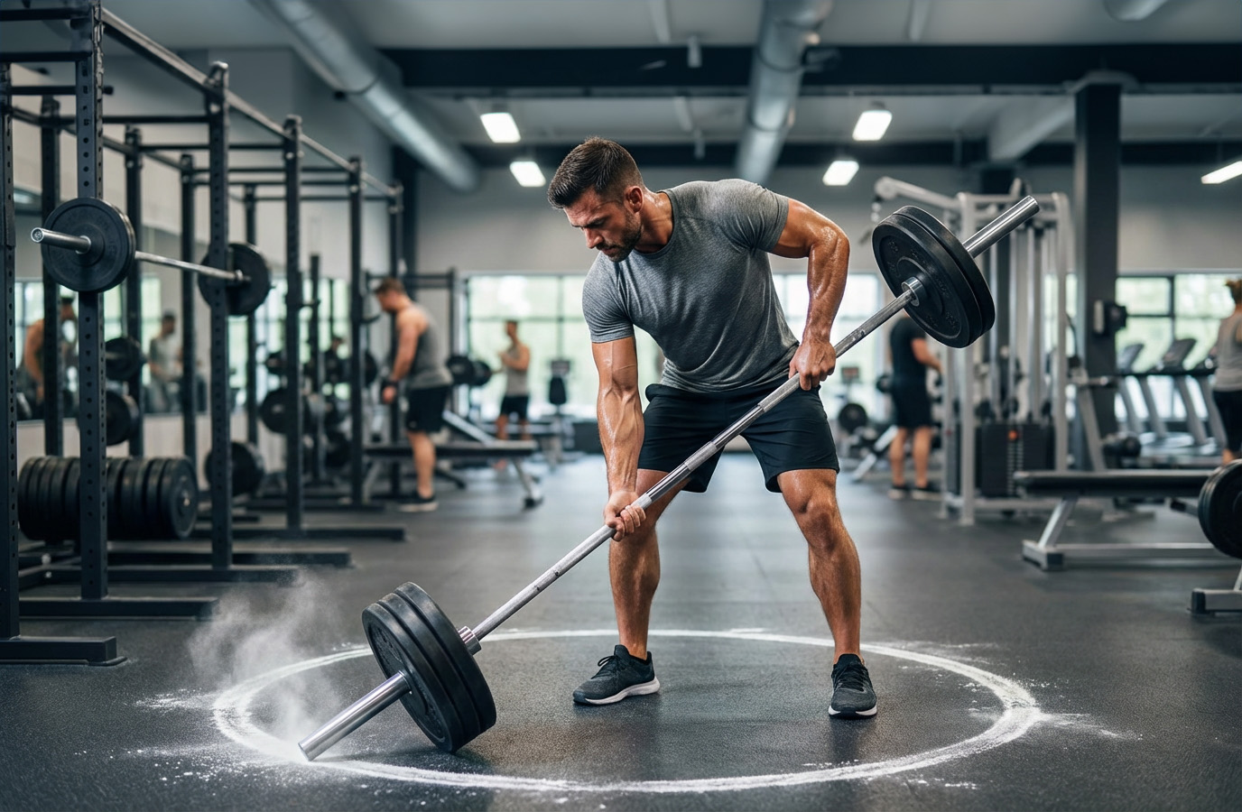 a man in gym gear stands in teh middle of a circle drawn on the gym floor in chalk and marked by the end of the loaded barbell he is holding at an angle
