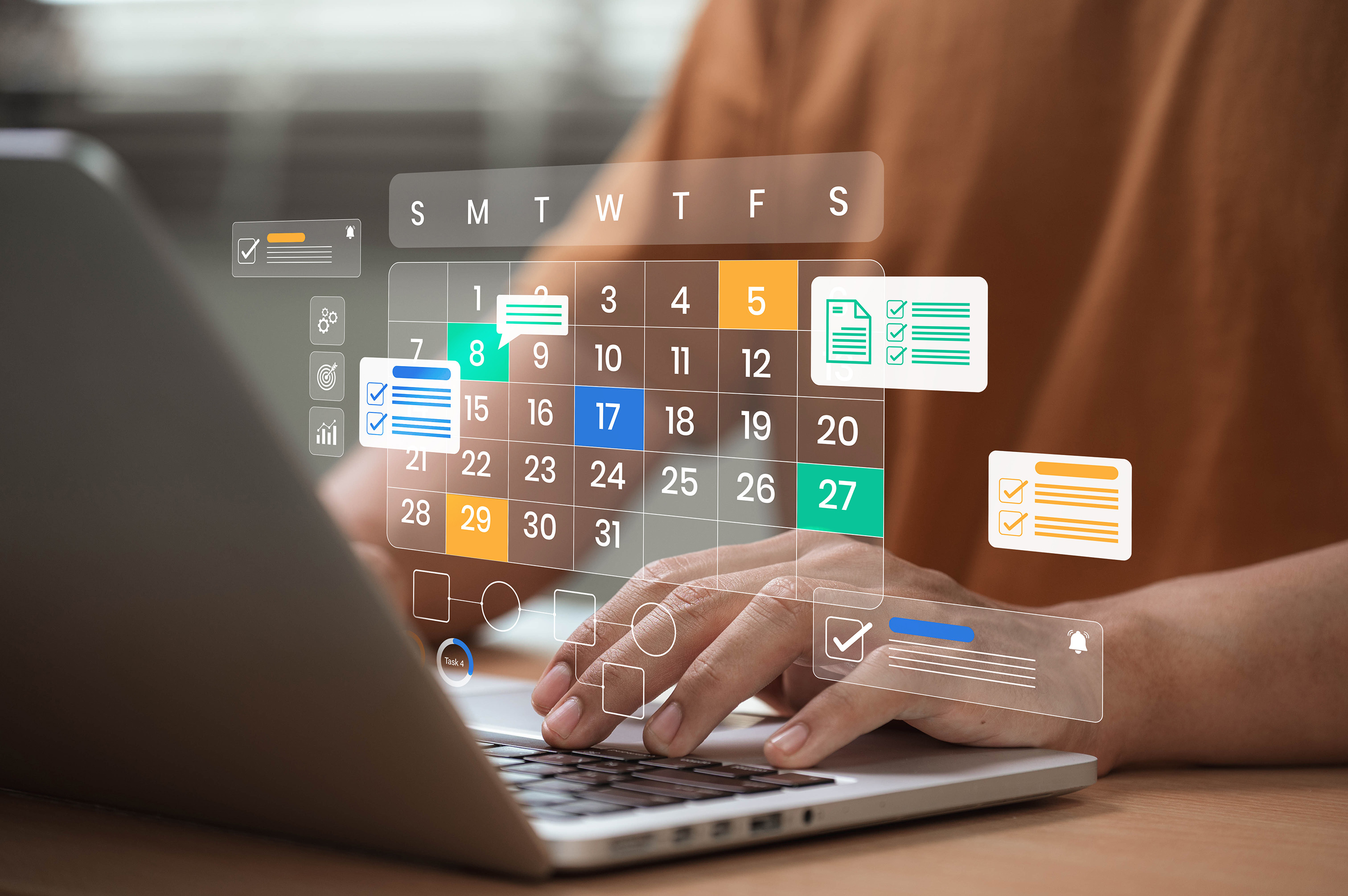 a calendar is overlaid over a picture of someone's hands on a laptop keyboard