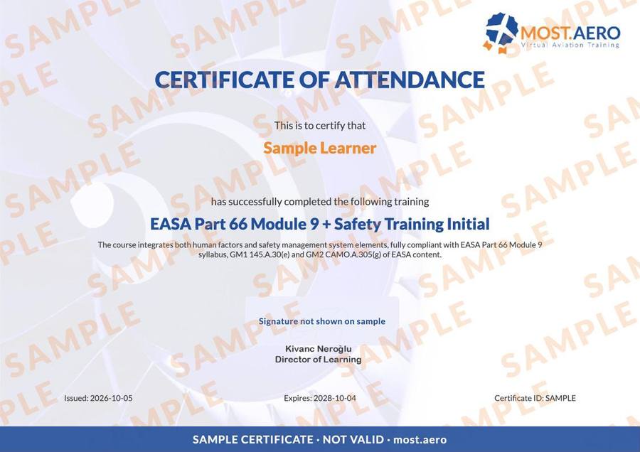 Sample MOST.AERO certificate for EASA Part 66 Module 9 + Safety Training Initial, watermarked SAMPLE