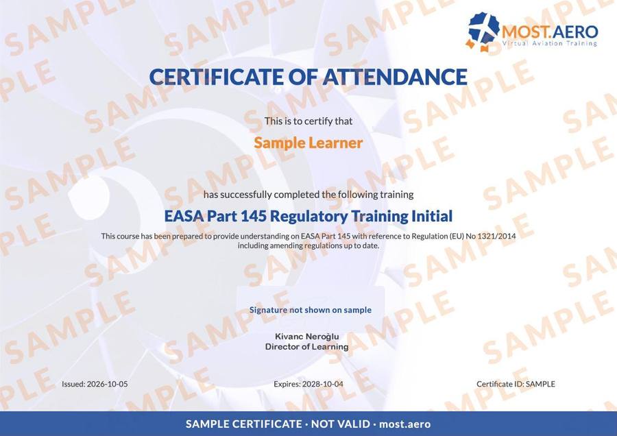 Sample MOST.AERO certificate for EASA Part 145 Regulatory Training Initial, watermarked SAMPLE
