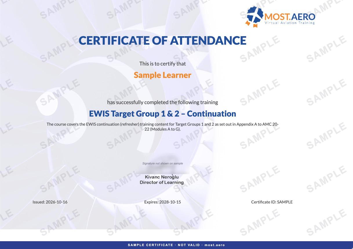 Sample MOST.AERO certificate for the EWIS Target Group 1 & 2 Continuation course
