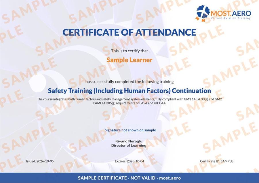 Sample MOST.AERO certificate for Safety Training (Including Human Factors) Continuation, watermarked SAMPLE