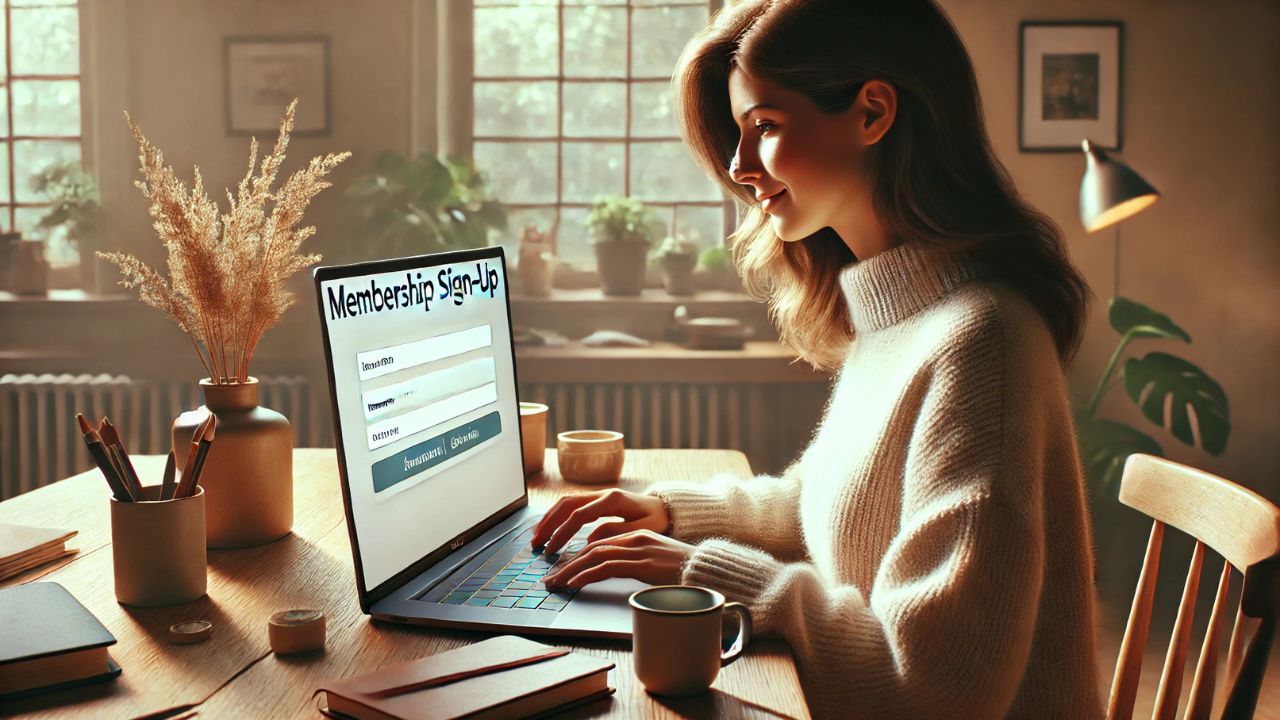 A woman sitting at a desk in a cozy home environment, signing up for a membership on her laptop. The desk is neatly arranged with a coffee cup, notebook, and small plants, while natural light fills the room, creating a warm and inviting atmosphere.