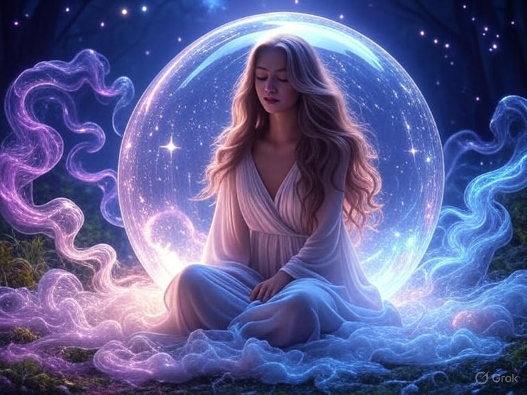 A woman sitting near a bubble meditating