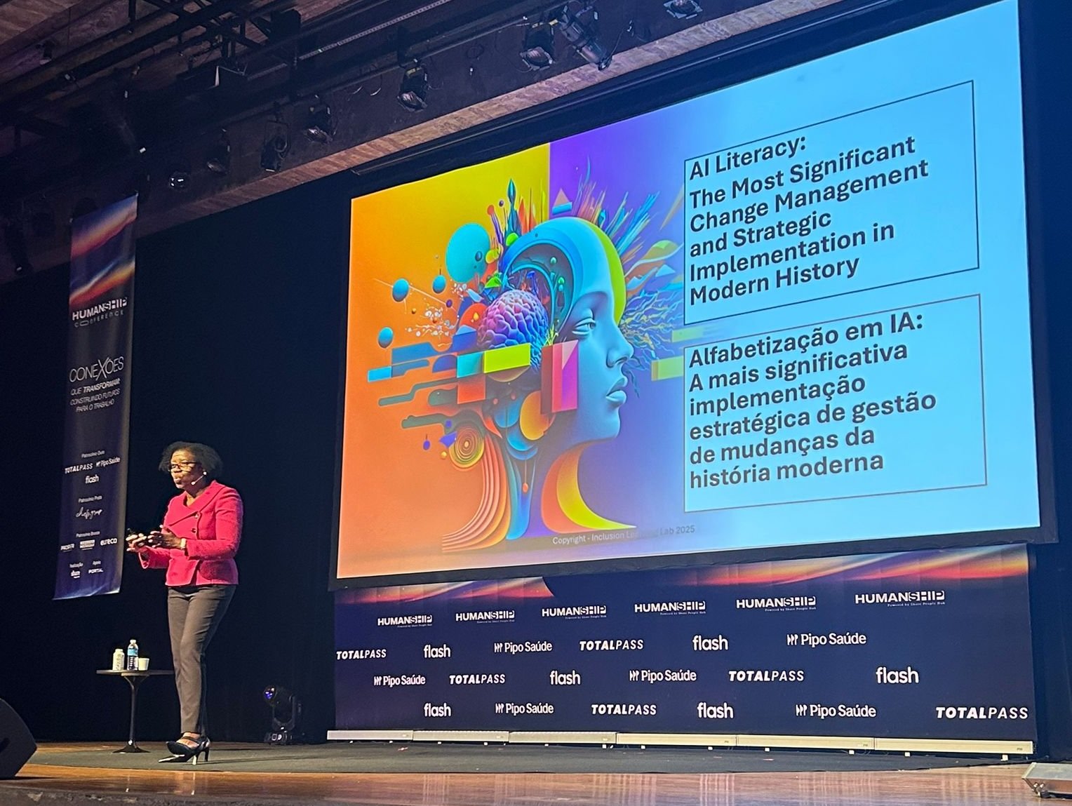Margaret Spence presenting on AI literacy and governance to an audience of HR and organizational leaders