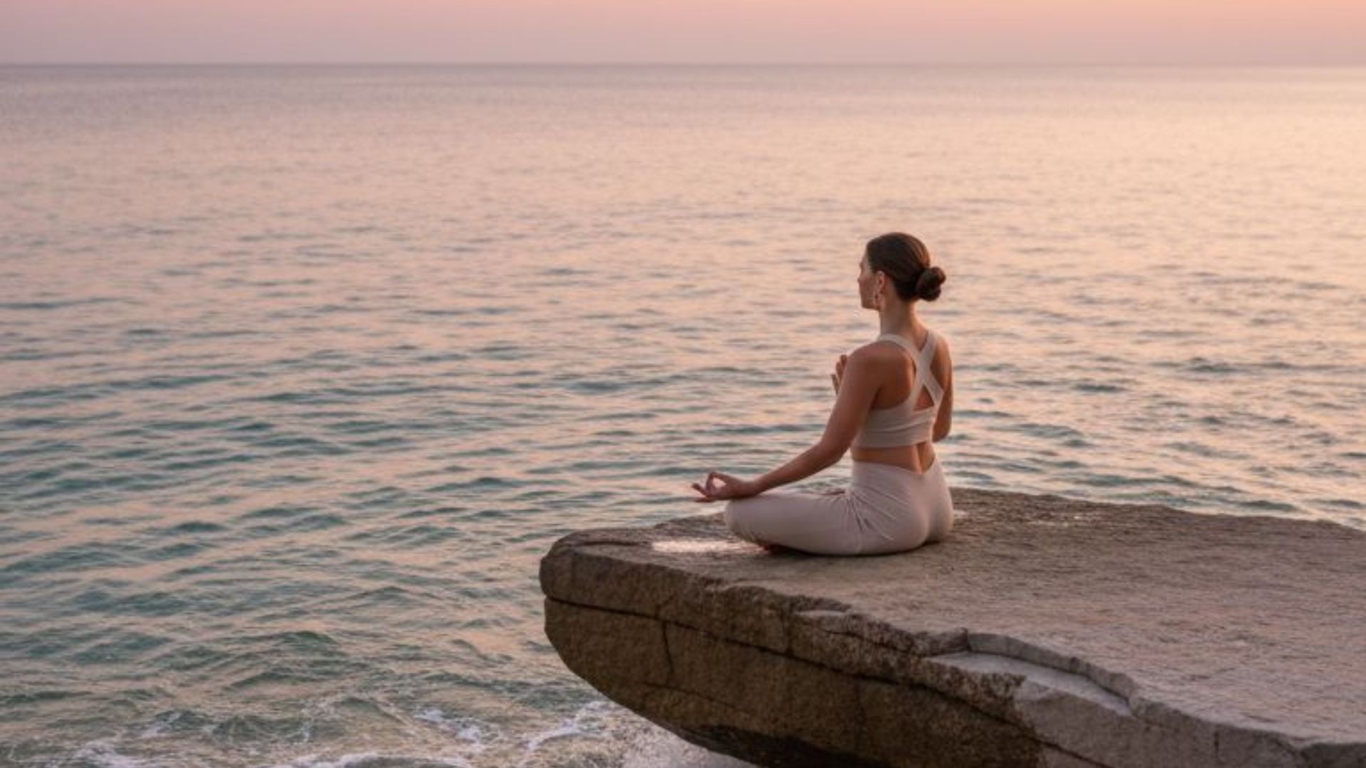 nyugodtan meditáló nő a sziklán a tengerparton