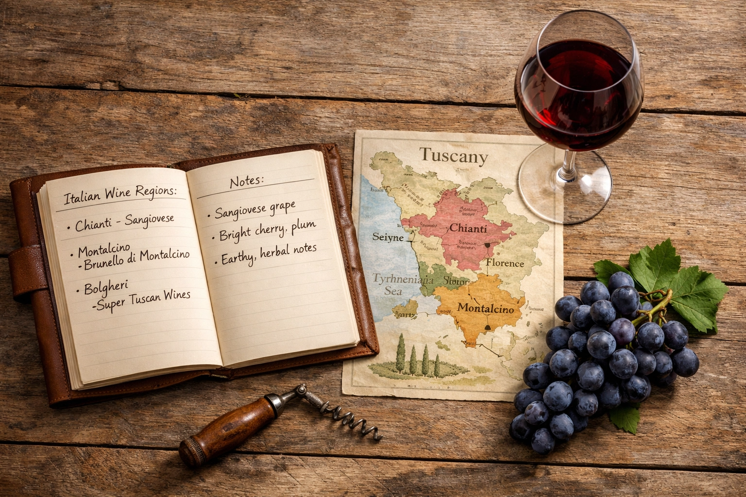 Wine education study setup with Tuscany map, tasting notes, and Sangiovese grapes