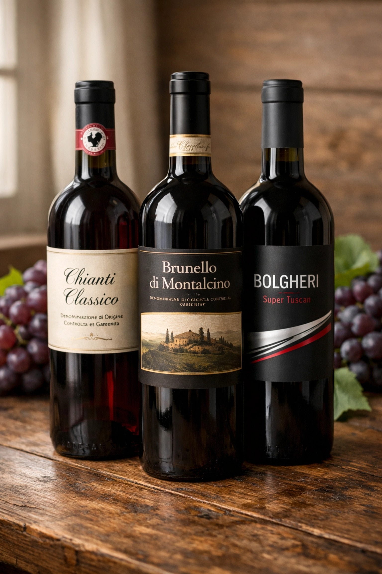 Three Tuscan wine bottles: Chianti Classico, Brunello di Montalcino, and Bolgheri Super Tuscan