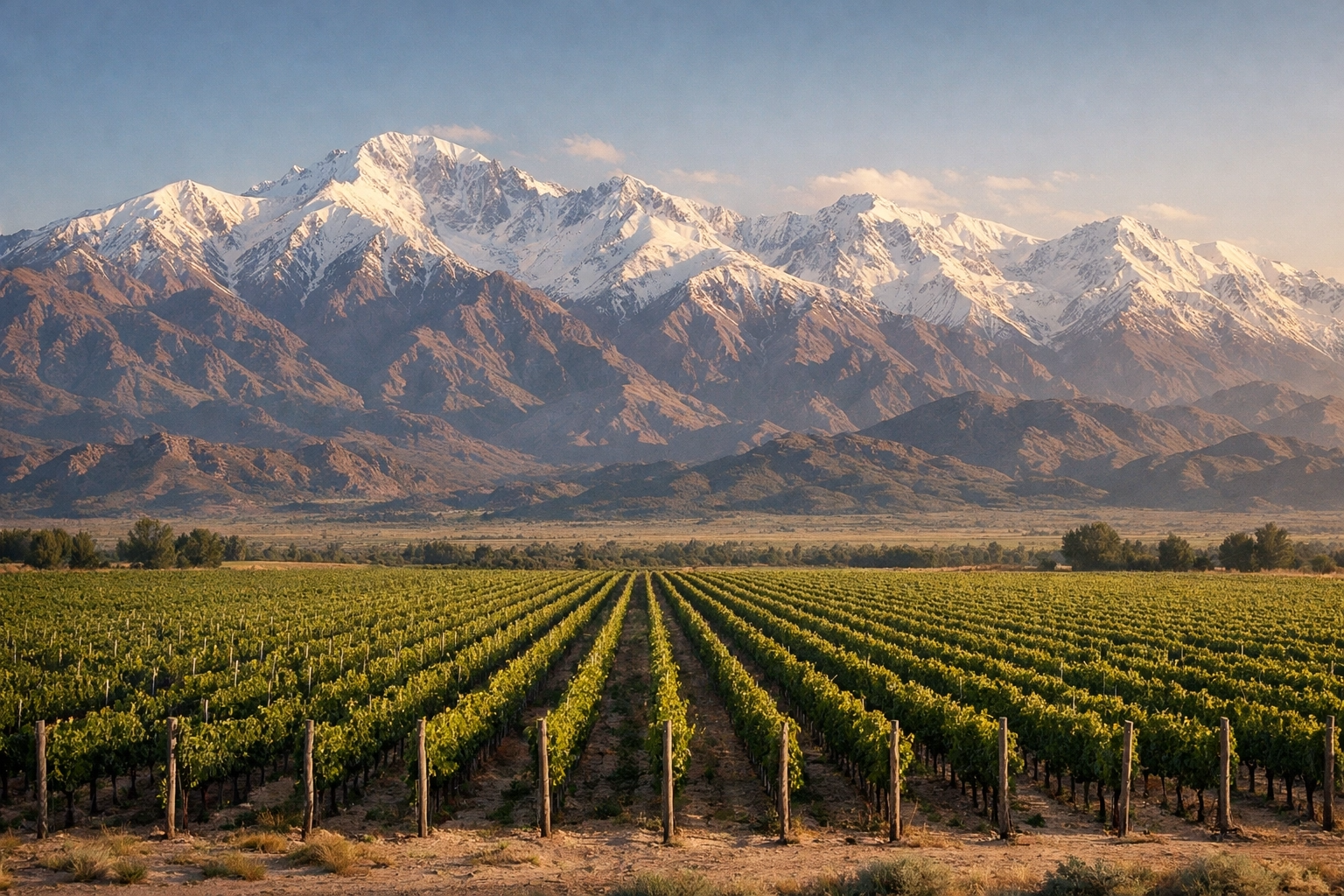 High-altitude vineyards in Mendoza's Uco Valley with the Andes Mountains in the background.