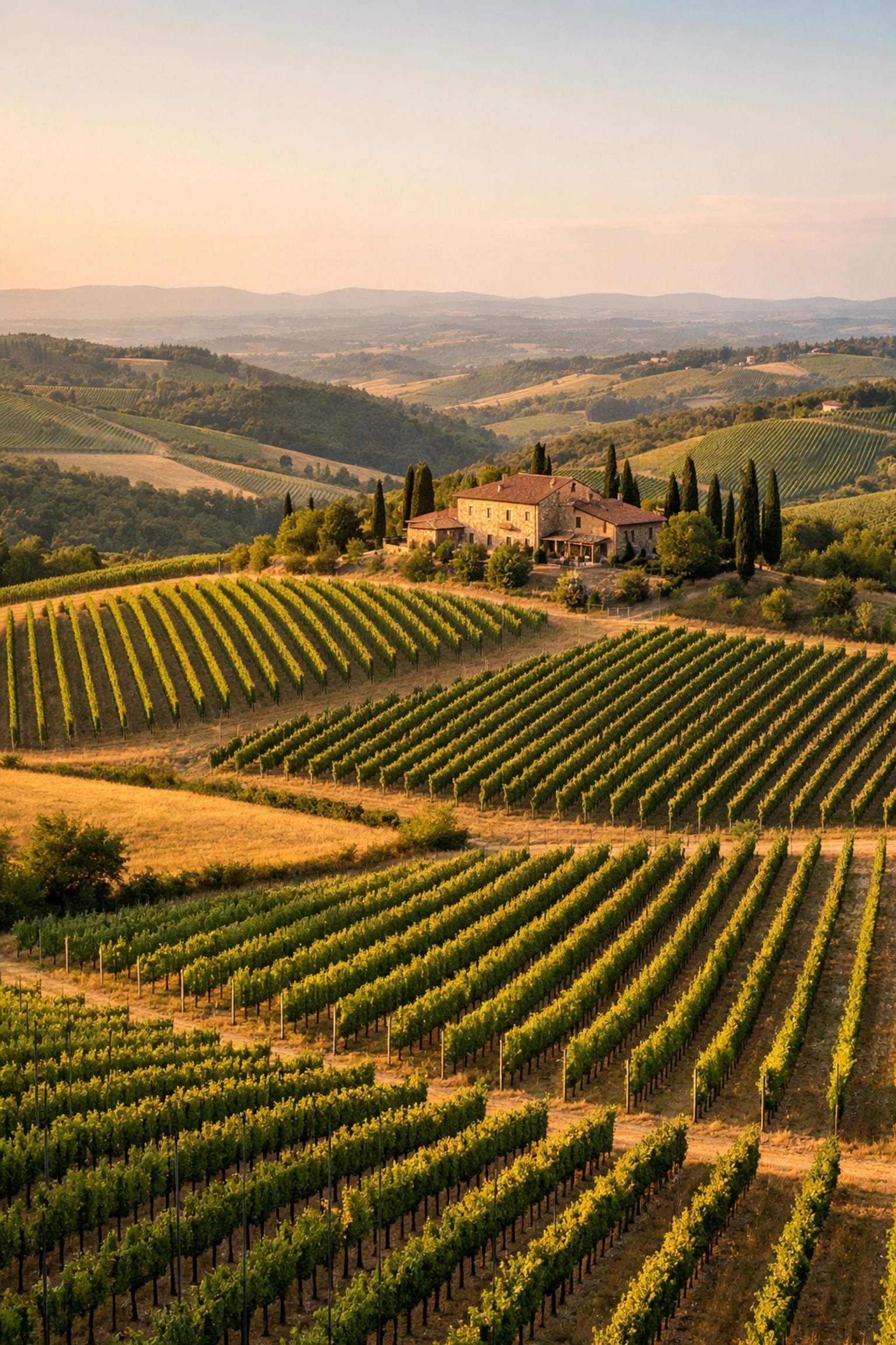 Aerial view of Chianti Classico vineyards in Tuscany with rolling hills and cypress trees