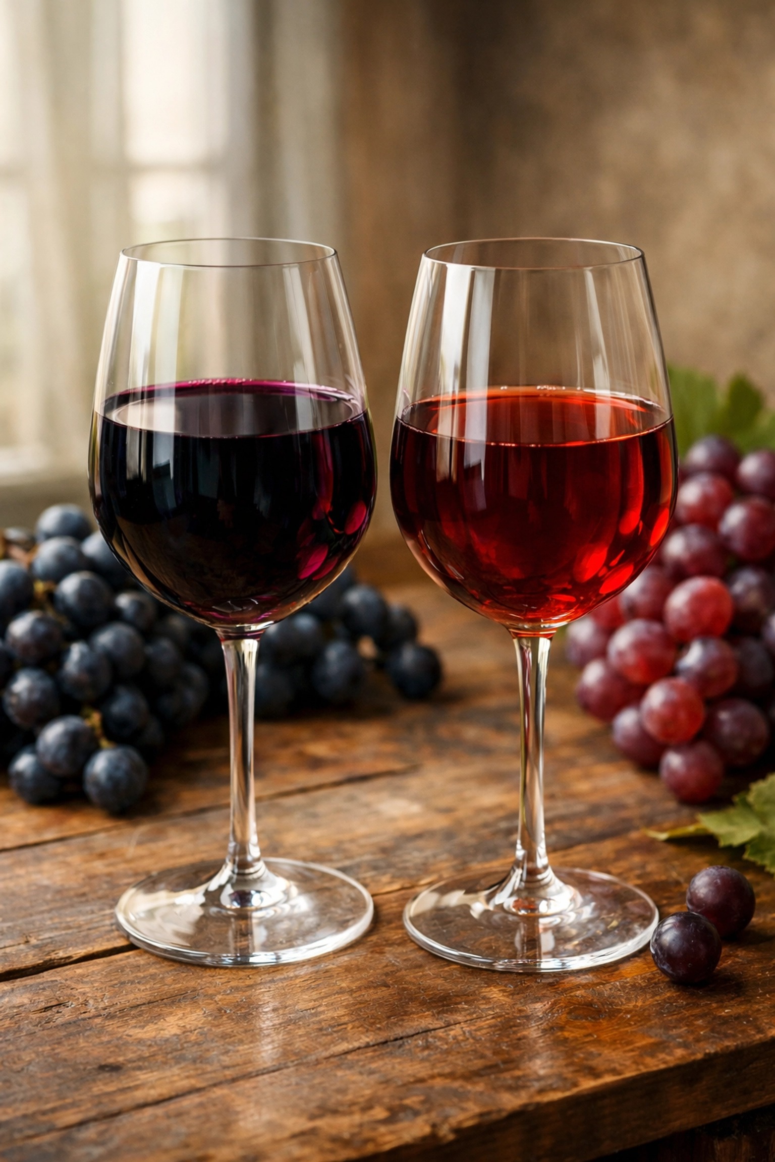 Bordeaux wine comparison: Cabernet Sauvignon and Merlot in glasses with fresh grapes