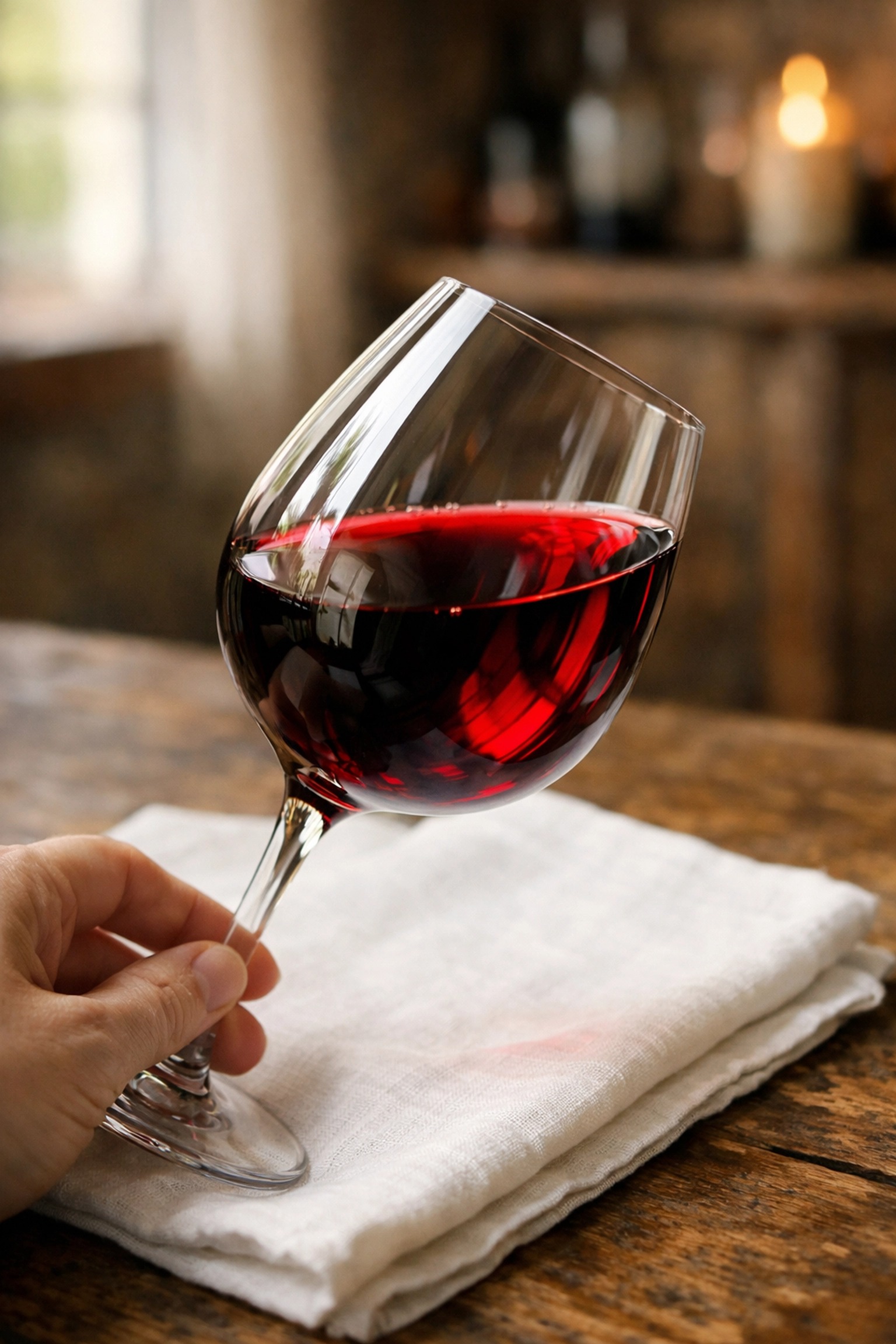 Wine glass held at 45-degree angle examining red wine color for Wine 101 tasting basics