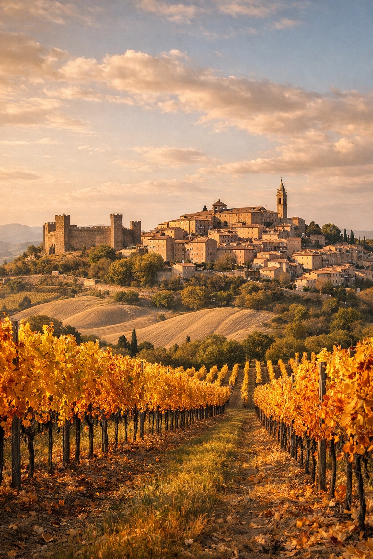 Montalcino hilltop town surrounded by Sangiovese vineyards in autumn colors in Tuscany