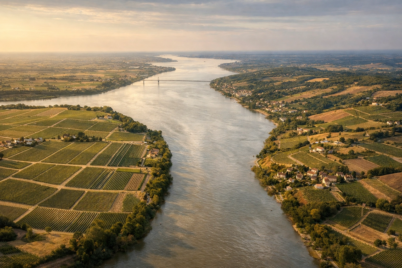 Aerial view of Bordeaux Left Bank and Right Bank vineyards divided by Gironde Estuary