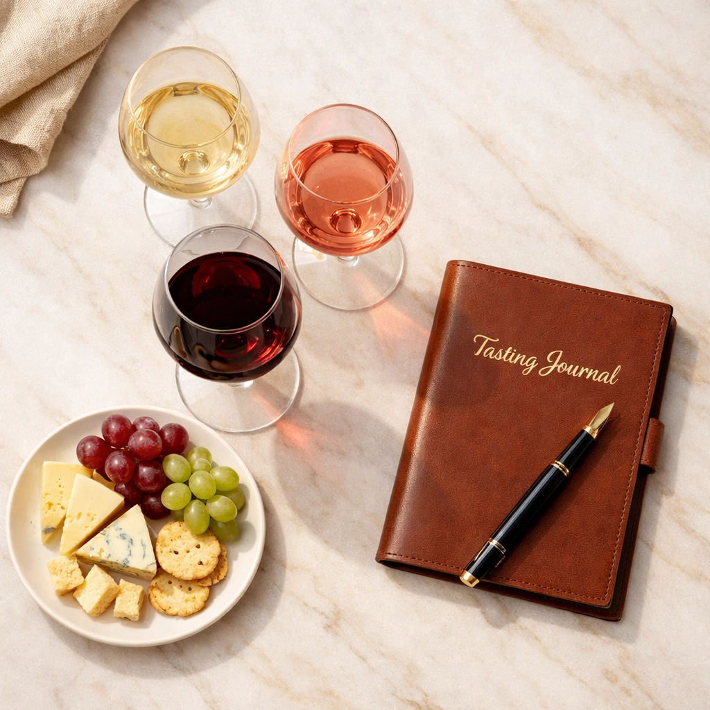 Wine tasting setup with journal, glasses of white, rosé, and red wine for beginners