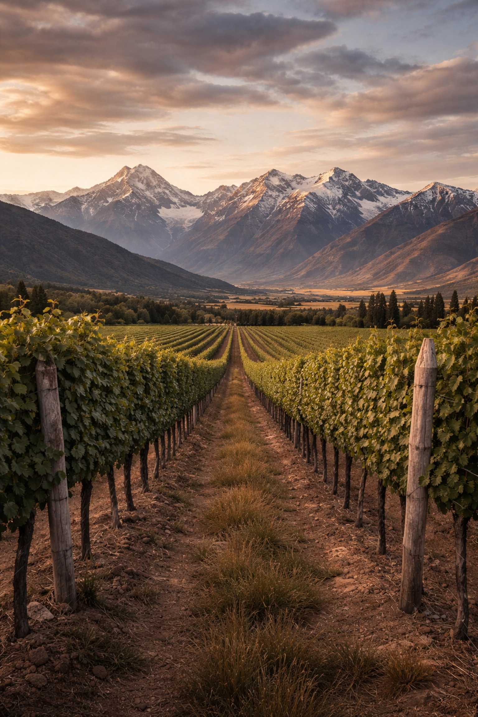 Patagonian vineyards in Argentina’s Río Negro, with grapevines and Andes mountains at golden hour