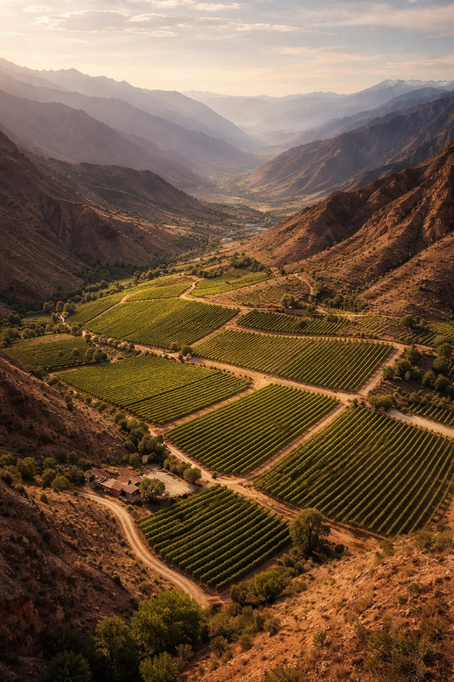 Aerial view of Bolivia’s Tarija Valley vineyards set in the high Andes, highlighting remote wine terroir