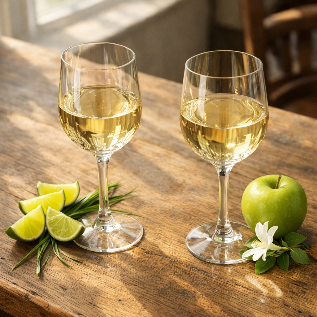 Comparison of Sauvignon Blanc with lime and grass next to Pinot Grigio with green apple and honeysuckle.