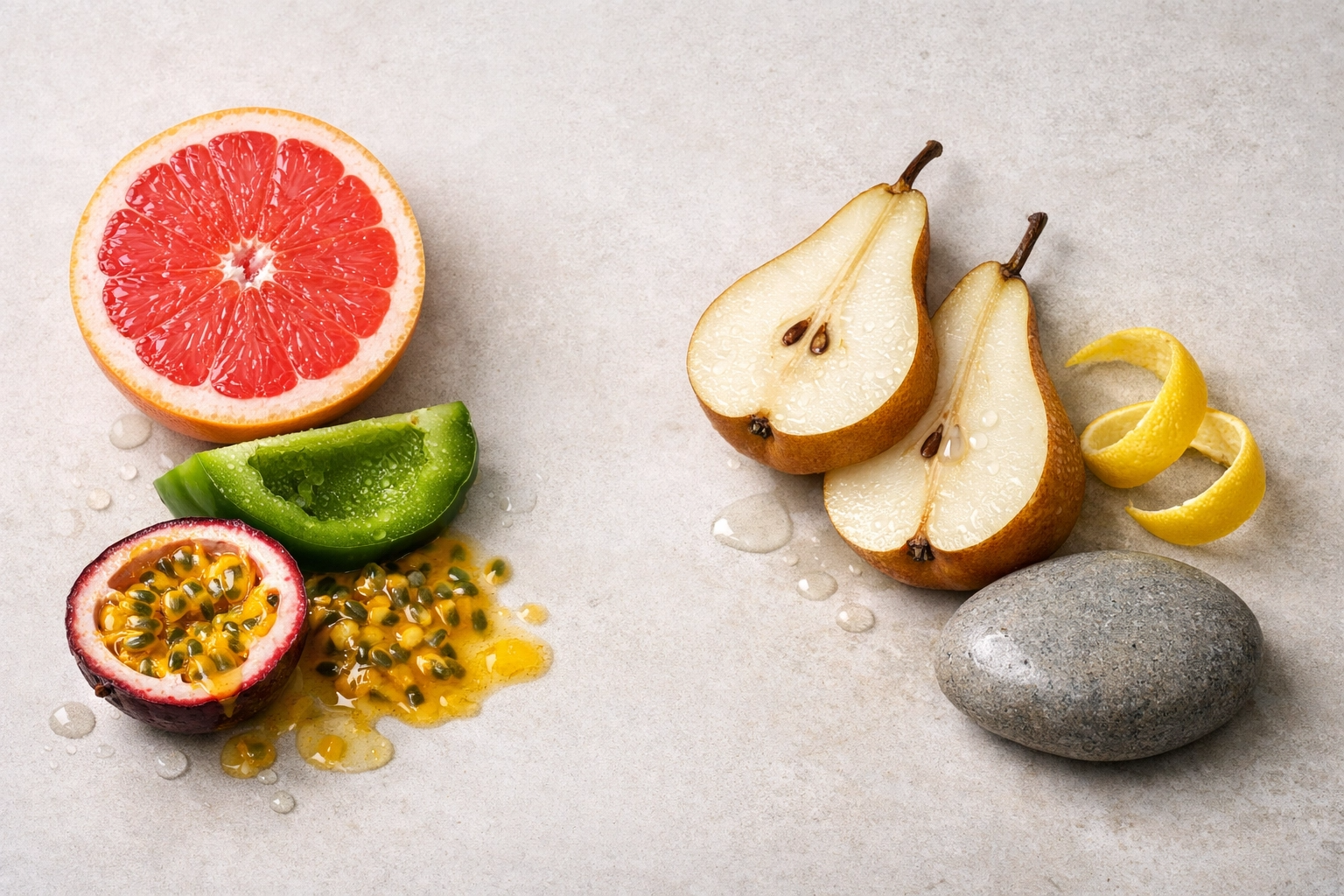 Fresh aromatics of Sauvignon Blanc and Pinot Grigio showing citrus, herbs, orchard fruits, and minerals.