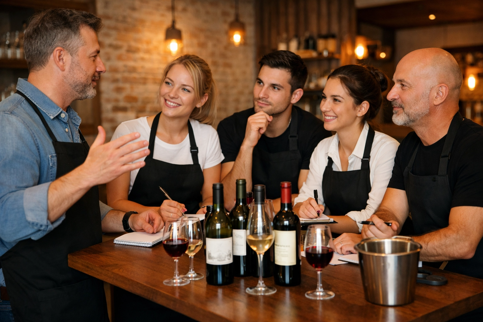 Restaurant staff team participating in wine training session for hospitality professionals