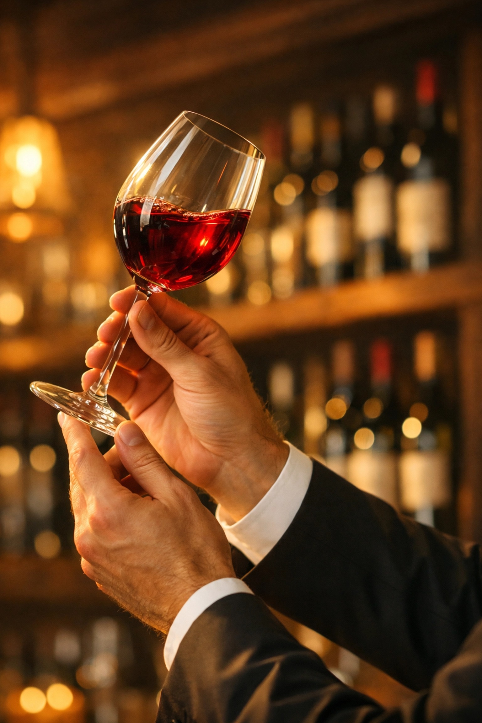 Professional sommelier examining wine glass in restaurant for quality assessment and training