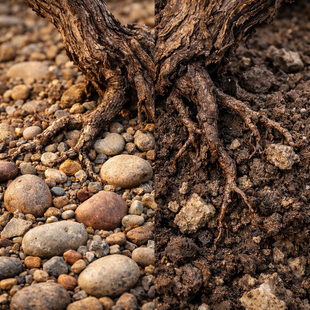 Bordeaux Left Bank gravel soil and Right Bank clay-limestone soil with grapevine roots